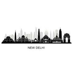 Fototapeta premium New Delhi Skyline Silhouette: Iconic Indian Cityscape Black and White Vector