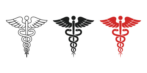 Fototapeta premium Caduceus medical icon, healthcare vector symbols featuring pharmacy signs, medicine prescription, snake staff emblem, and medical service graphics.