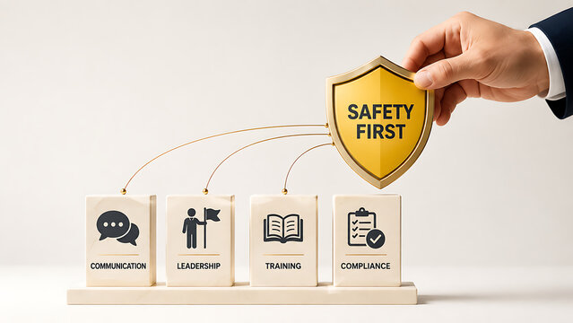 Safety First Shield Symbolizing Core Pillars of Workplace Safety and Compliance