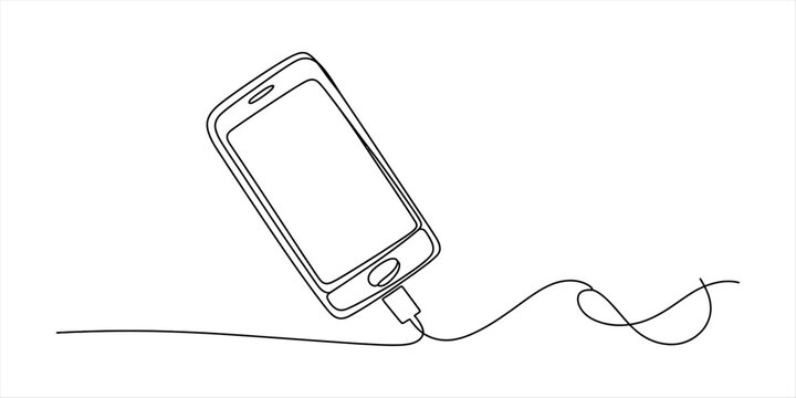 Continuous single line drawing of a smartphone mobile phone charging with a cable plugged in showing modern technology and digital communication concept