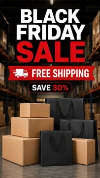 Black Friday sale signs with parcels in warehouse