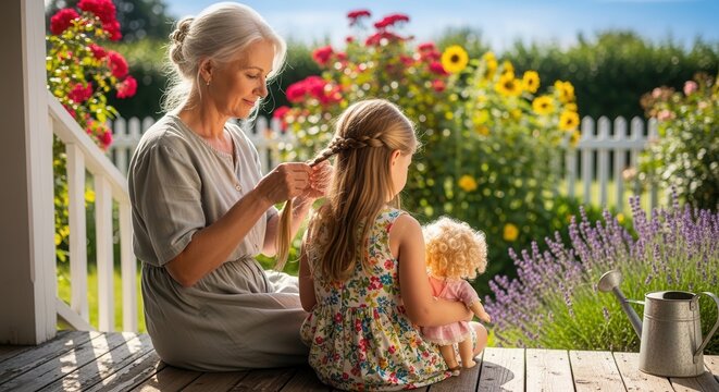 A heartwarming scene of an elderly woman gently braiding a young girl?s hair on a sunny wooden porch surrounded by vibrant flowers and a charming garden filled with blooming sunflowers and lavender.