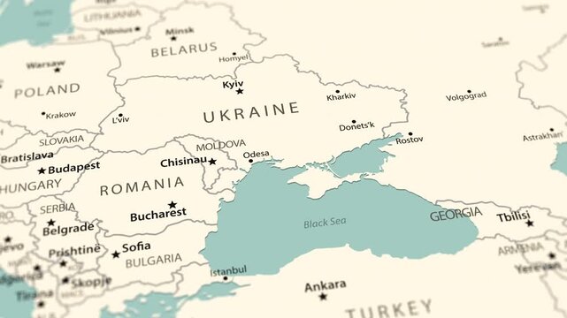 Ukraine. Political map of Eastern Europe and the Black Sea region with a smooth pan toward the Caucasus.