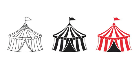 Circus tent icon, carnival vector symbols featuring striped big top tents, flags, entertainment decorations, and festive event design elements. ©  