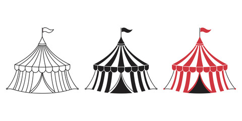 Circus tent icon, carnival vector symbols featuring striped big top tents, flags, entertainment decorations, and festive event design elements. ©  