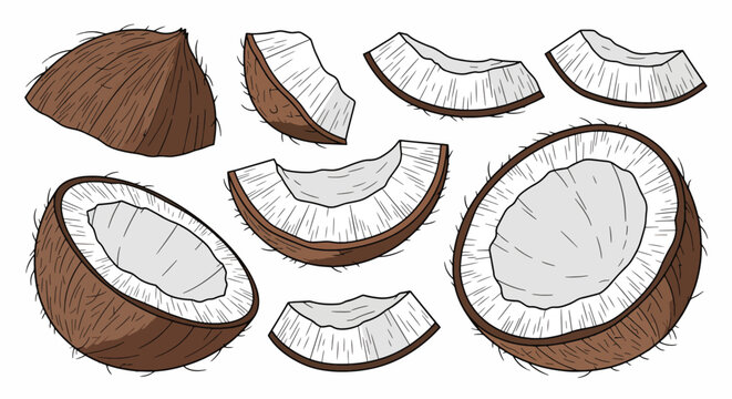 Coconut Halves and Pieces: A collection of illustrative depictions showcases a whole coconut, its halves, and various wedges, highlighting the textured brown husk and the white flesh within.