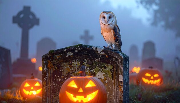 Barn owl perched on a tombstone in a foggy graveyard with jack-o'-lanterns