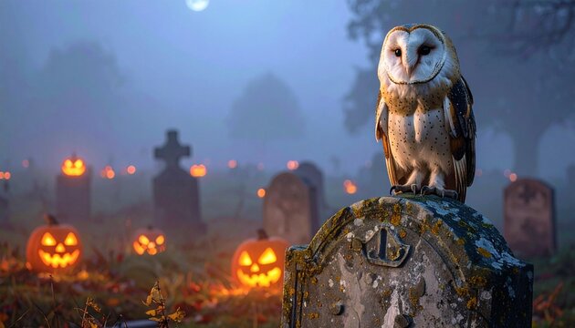 Barn owl perched on a tombstone in a foggy graveyard with jack-o'-lanterns and a full moon