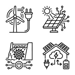 Fototapeta premium Illustration showcasing renewable energy sources and smart grid technology, highlighting wind power generation, solar photovoltaic panels, hydroelectric power with mechanical systems.