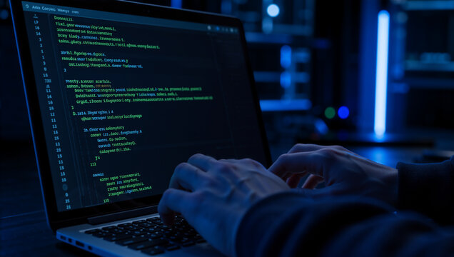 Hands typing on laptop keyboard with programming code on screen. Software developer coding in dark room with blue ambient light