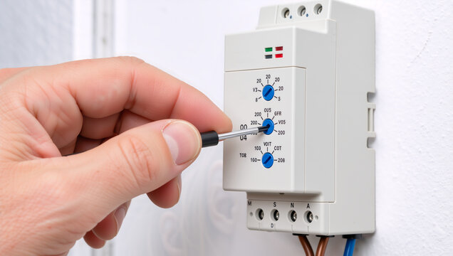 Close up of hand adjusting electrical control device with screwdriver. Electrician calibrating dial on wall mounted relay switch
