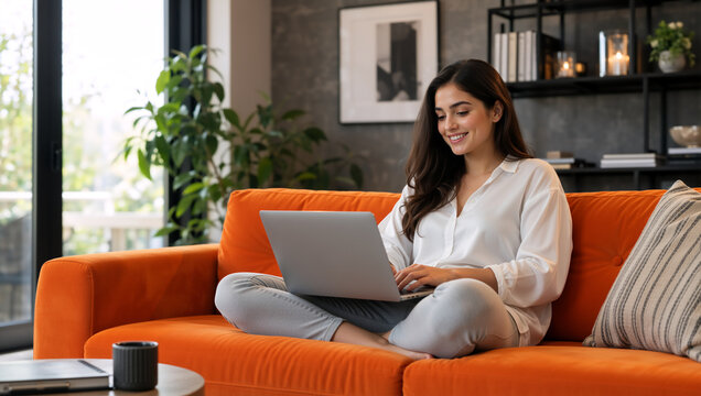 Smiling young woman working on laptop on orange sofa. Happy female freelancer using computer in modern living room. Remote work from home concept