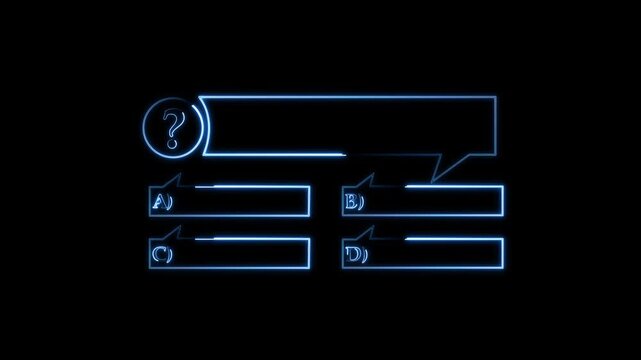 Glowing blue neon quiz layout with question mark box and options A, B, C, D on a black background, perfect for gaming trivia, futuristic exams, and interactive video tests.