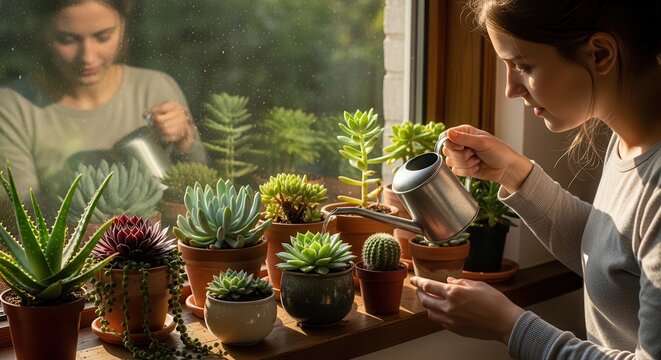 A serene indoor gardening scene featuring two women carefully watering a diverse collection of potted succulents and cacti on a bright windowsill filled with natural sunlight and greenery.
