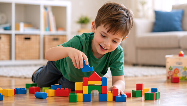 Happy young boy playing with colorful building blocks on wooden floor. Child constructing toy structure in bright living room. Early childhood development and creative play concept