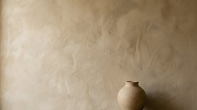 A rustic clay pottery vase sitting against a warm beige Venetian plaster wall texture. 