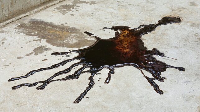 Dark, thick, viscous liquid spill on a light concrete or asphalt surface, showcasing messy textures and a potential hazard. This abstract accident creates an unappealing, industrial aesthetic