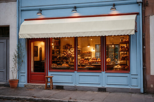 Charming blue bakery storefront with warm interior lighting