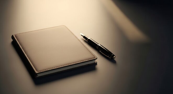 A sleek vintage-style leather-bound notebook resting beside a classic fountain pen on a softly-lit textured surface, evoking timeless elegance and professional sophistication with warm sepia-toned.