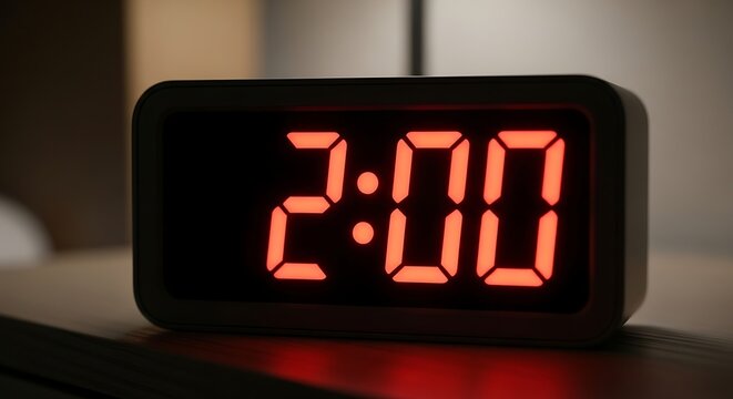Digital alarm clock showing 2:00. Red LED time display on a bedside table at night.