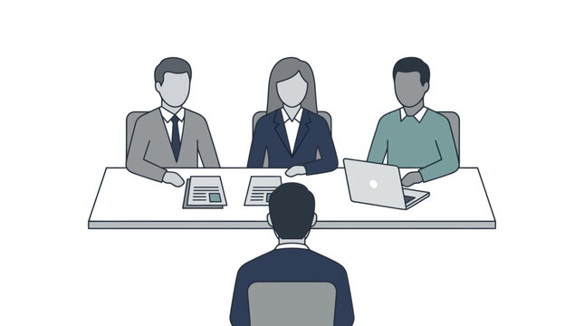 Professional job interview panel with candidate and three recruiters