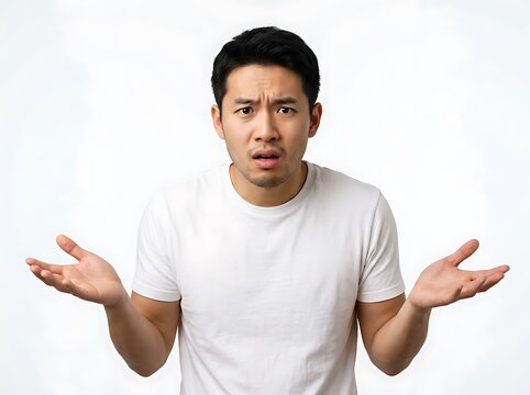 Confused young asian man shrugging with hands up