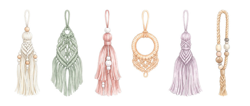 Macrame tassel set boho ornaments handmade rope pendants hanging on black background, stylish cotton fringe charms with beads for keychain accessory craft design vector illustration element set