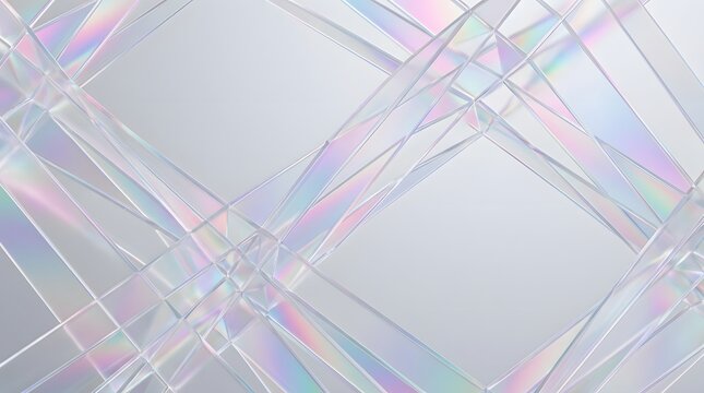 An abstract holographic glass texture featuring geometric crystal refractions and subtle rainbow light dispersion. Perfect as a futuristic background for modern branding, digital technology mockups.