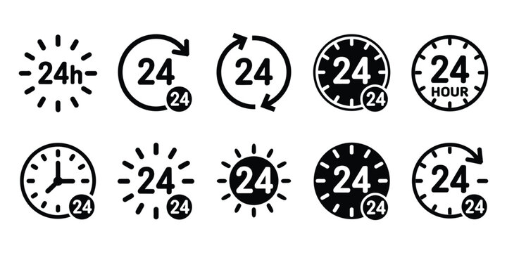 24 hour icon, vector symbols featuring clock time, all day service, continuous availability, open hours, and business support concepts.