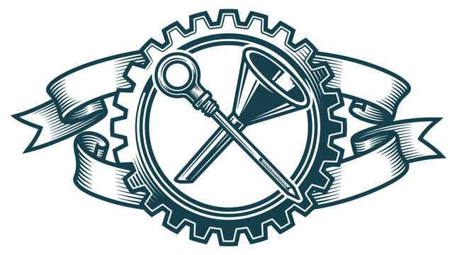 Vintage style automotive logo featuring a mechanical gear, crossed oil dipstick and funnel, and a decorative banner for oil change and car maintenance services icon.
