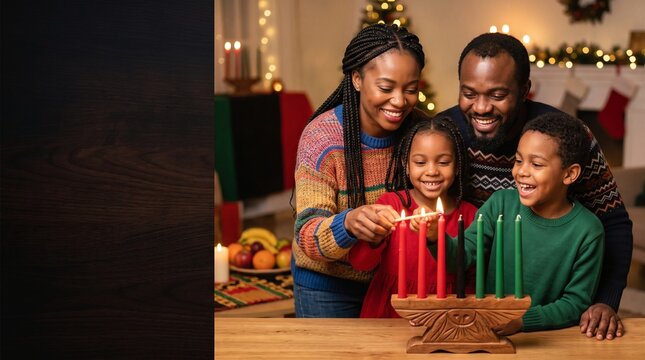 Medium closeup view of happy African American family lighting red candle on traditional wooden kinara candle holder with long match warm firelight glow room interior dark layout on left side