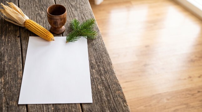 High angle view of blank unprinted white paper poster layout on rustic wooden table with Kwanzaa symbols golden corn ear wooden unity cup and green pine sprig empty light wood layout on right