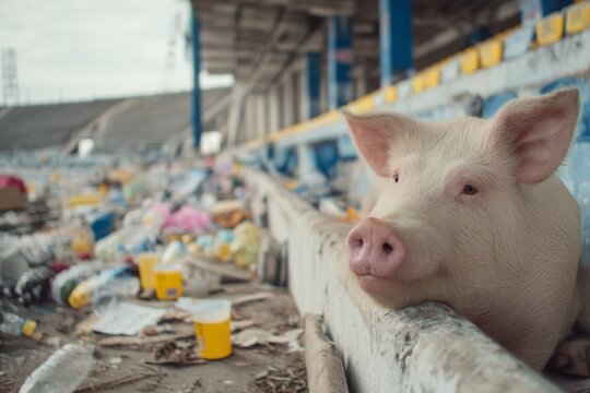 A thoughtful pig resting in a polluted environment highlighting the serious issues of waste and animal welfare in modern society. Generative AI