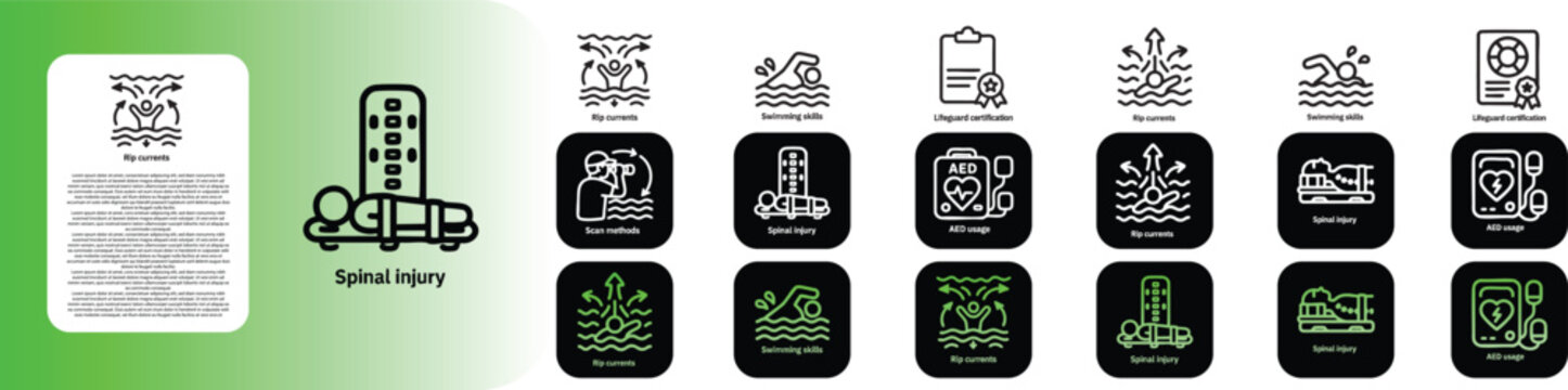  bold Minimal line icon set for Lifeguard like Rip currents Swimming skills Lifeguard certification Scan methods Spinal injury AED usage.