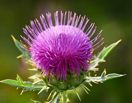 close up of vibrant purple thistle flower with sharp green leaves against a blurred natural background showcasing its intricate details and textures