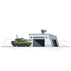 Obraz premium Military Tank Outside Modern Hangar Building with Surveillance Camera