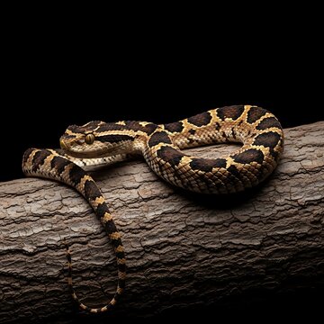 Patterned pit viper coiled on a textured tree branch