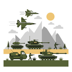Obraz premium Military Tank, Jet Fighter, Soldier, Truck, Mountains, Flat Design