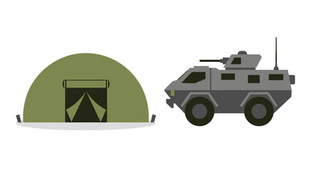 Obraz premium Military tent and armored vehicle illustration on white