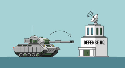 Obraz premium Military tank targeting defense headquarters, conceptual illustration.