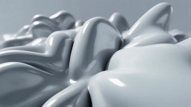 Abstract glossy white and silver liquid forms twist into soft flowing folds, creating a smooth futuristic background with reflective organic shapes and fluid sculptural texture