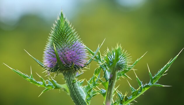 close up of a green thistle plant with spiky leaves and purple accents showcasing its unique structure against a blurred natural background
