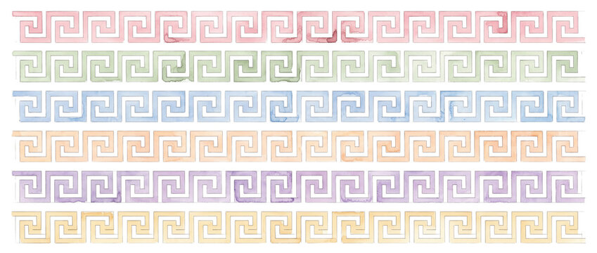 Greek key pattern border set watercolor meander frame lines for decorative design elements, classic ancient greek geometric ornament banners isolated on black background for graphic arts