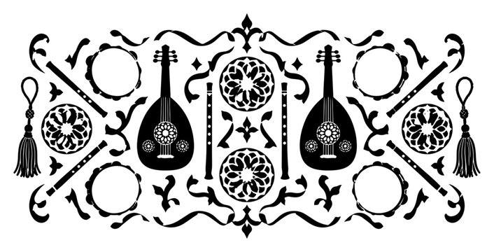 Arabic musical instruments arrangement featuring oud flute and tambourine with ornate floral decorations