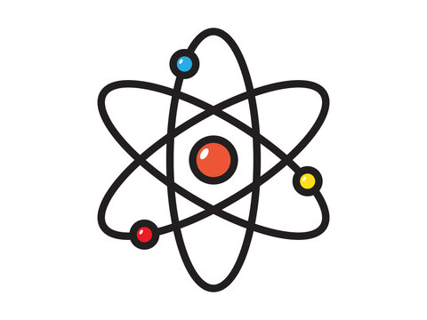 This illustration features a simple graphic of the Bohr atomic model structure, rendered in a cartoon or minimalist vector style.