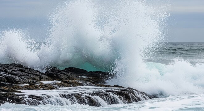 Dramatic close-up of powerful ocean waves crashing violently against jagged black volcanic rocks, creating explosive whitewater spray and misty sea foam in a raw coastal storm scene.