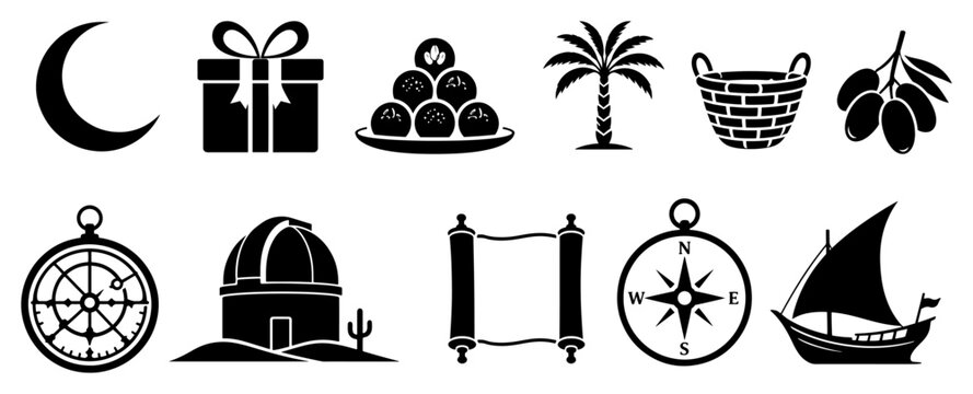 Middle Eastern cultural icons with crescent moon palm tree and traditional dhow boat in flat silhouette style