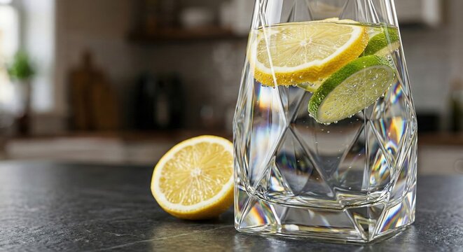 Fresh lemon and lime slices float in a decorative glass carafe on a kitchen counter Fruit Day National Dessert Day October 14
