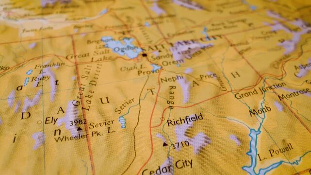 physical map route from las vegas to salt lake city, gliding macro view