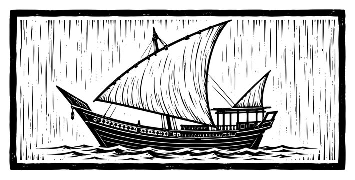 Traditional dhow sailing boat on ocean waves in woodcut linocut style